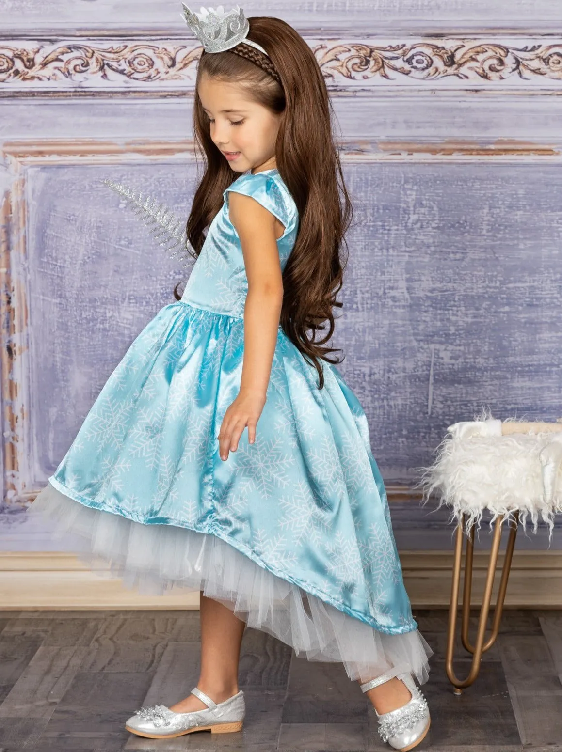 Snowflake Princess Cap Sleeve Hi-Lo  Holiday Dress