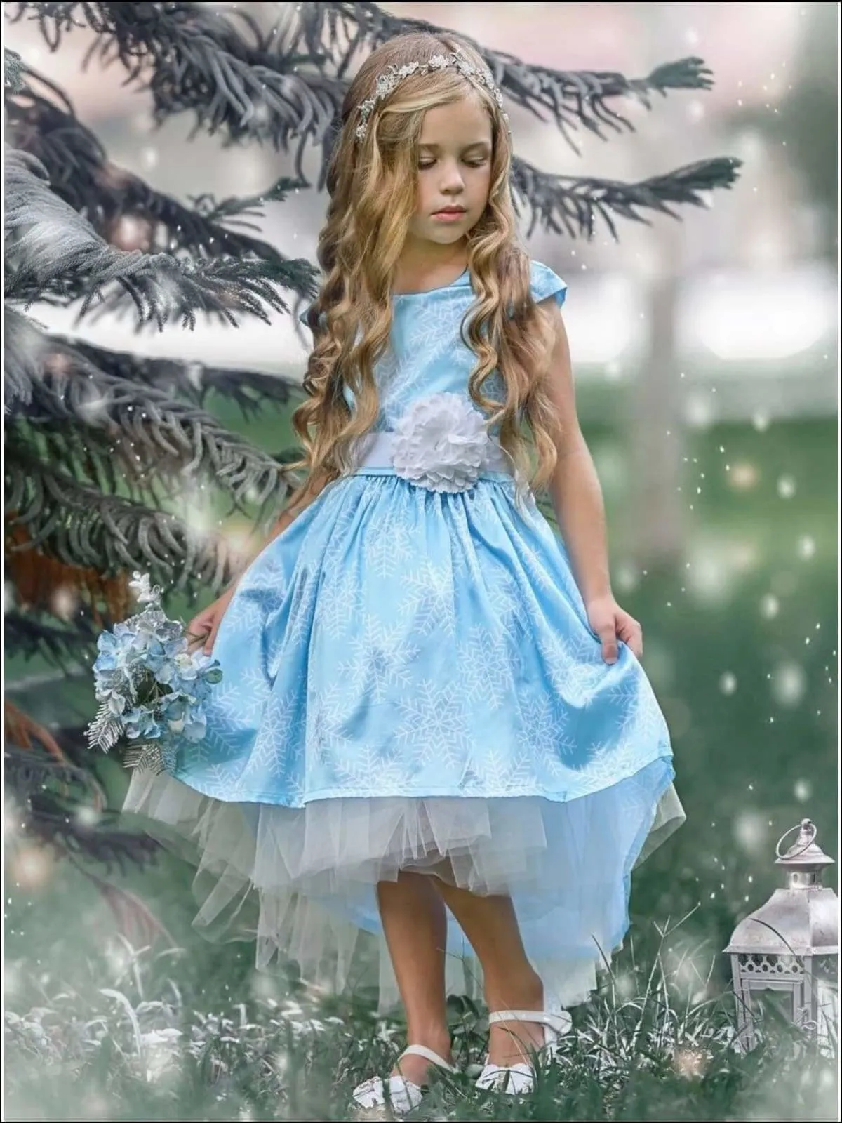 Snowflake Princess Cap Sleeve Hi-Lo  Holiday Dress