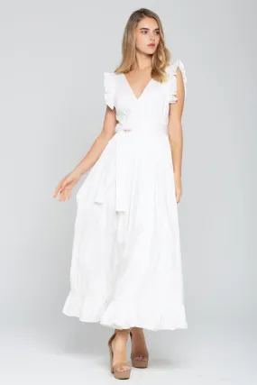 Solid White Ruffled Slit Maxi Dress