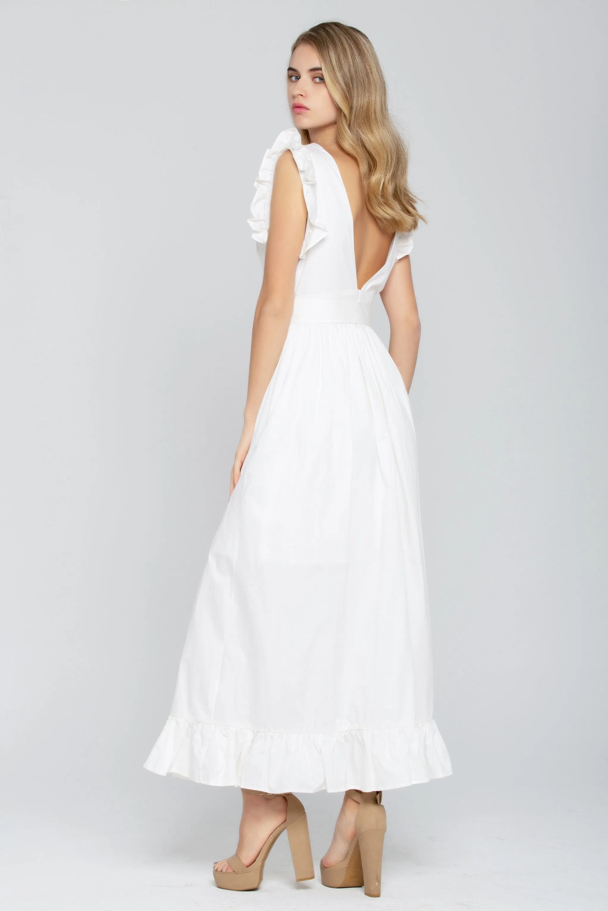 Solid White Ruffled Slit Maxi Dress