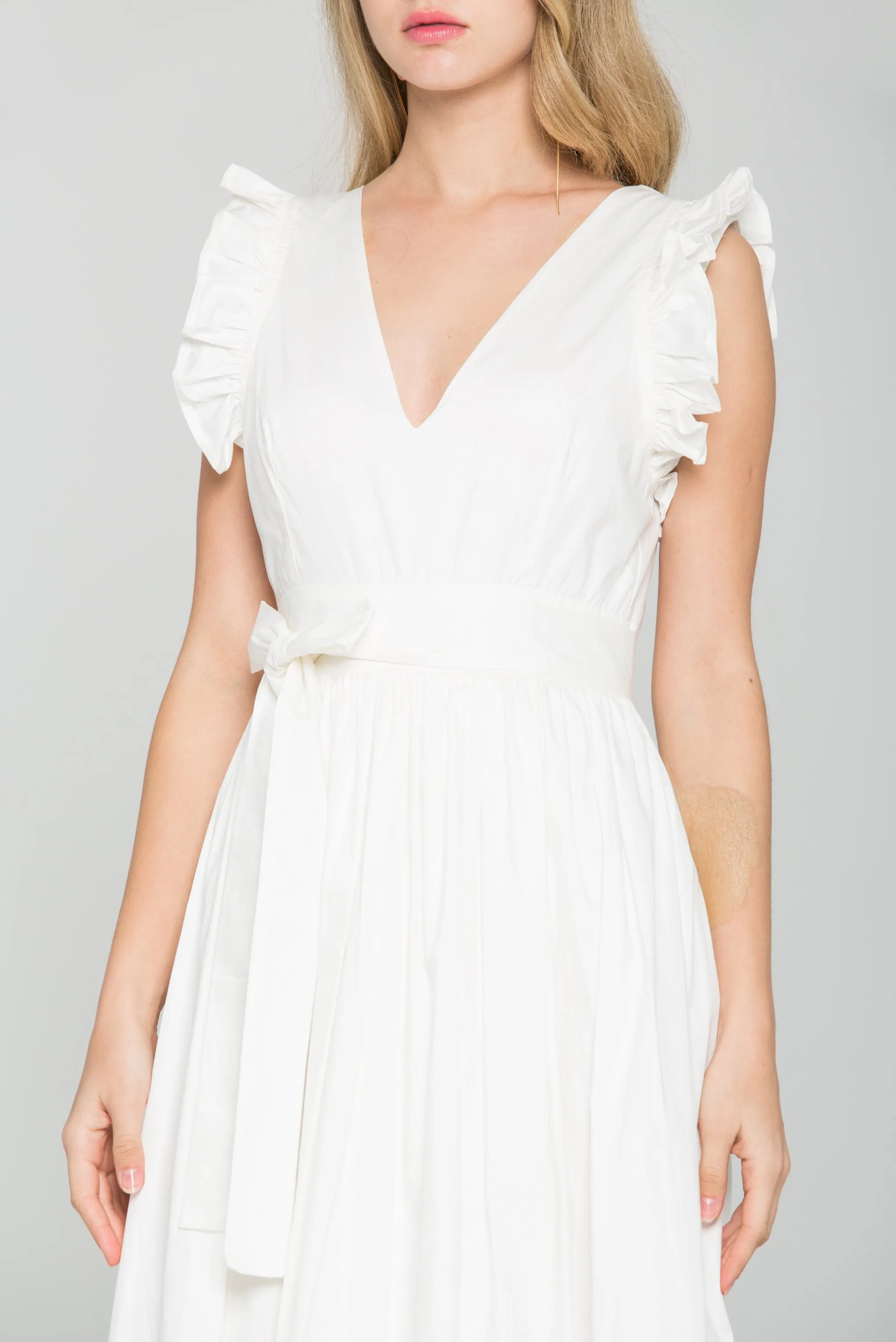 Solid White Ruffled Slit Maxi Dress