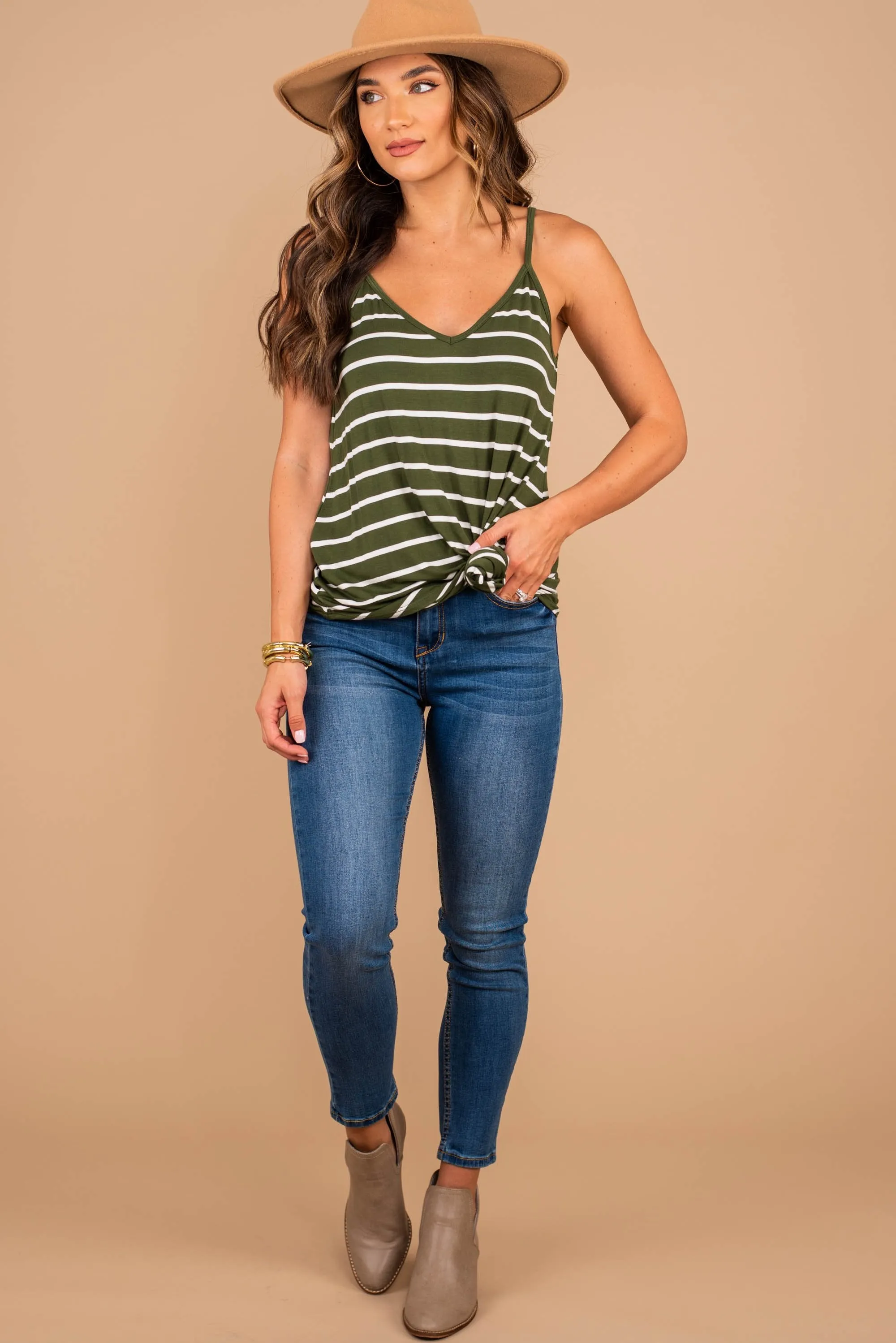 Somewhere Out There Army Green Striped Tank