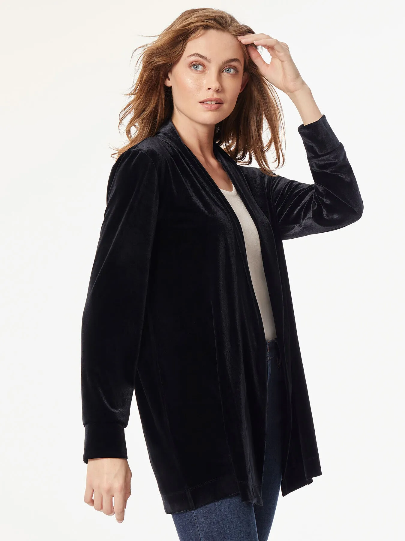 Stretch Velvet Open-Front Cardigan