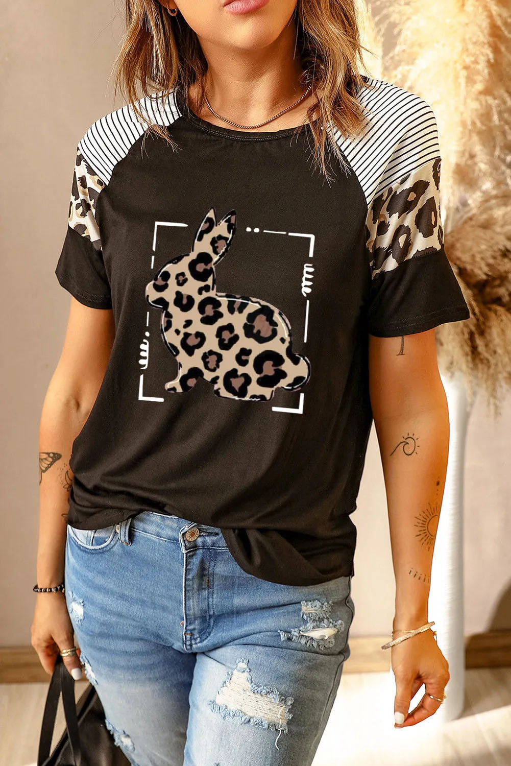 Striped Leopard Bunny Print Short Sleeve Tee