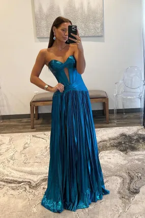 Sweetheart Metallic Blue Pleated Long Formal Dress