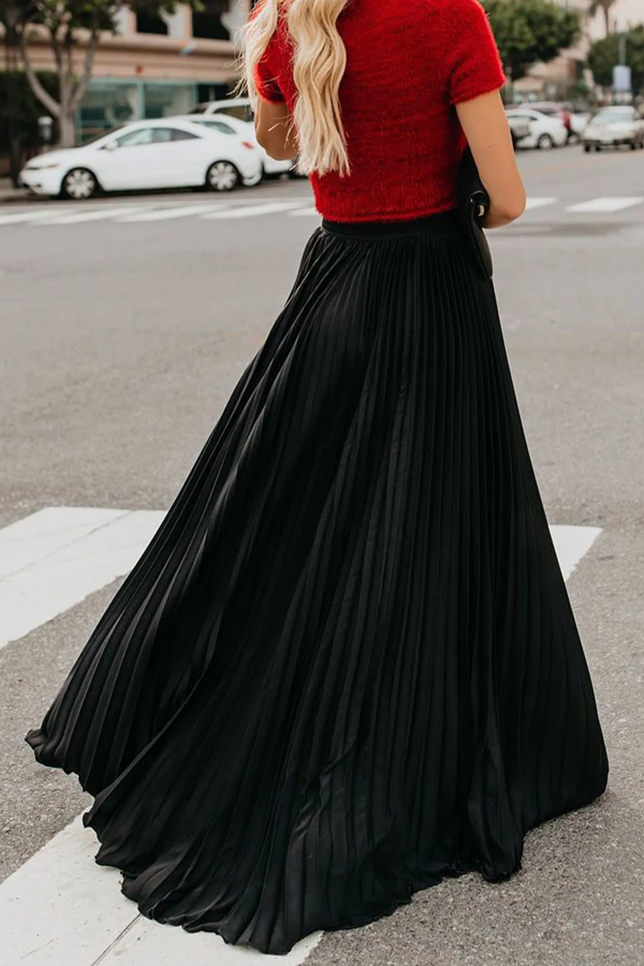 TastyHottie - Solid Color High Waist Pleated Maxi Skirt