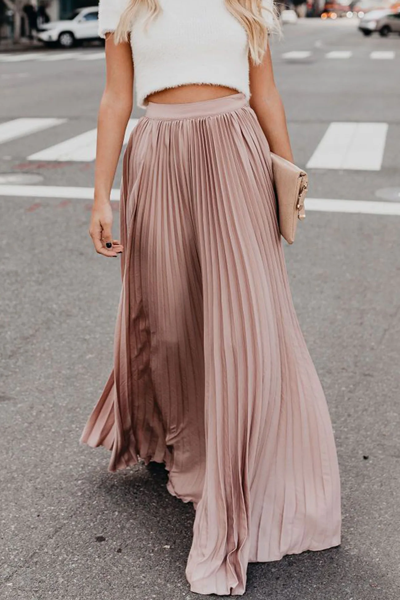 TastyHottie - Solid Color High Waist Pleated Maxi Skirt