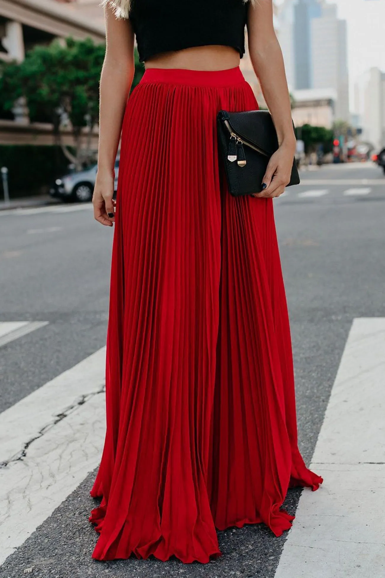 TastyHottie - Solid Color High Waist Pleated Maxi Skirt