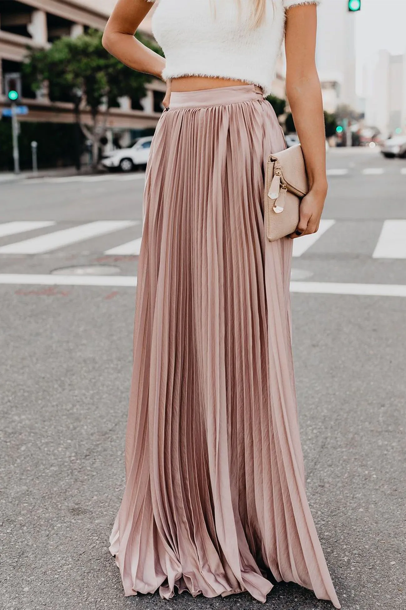 TastyHottie - Solid Color High Waist Pleated Maxi Skirt