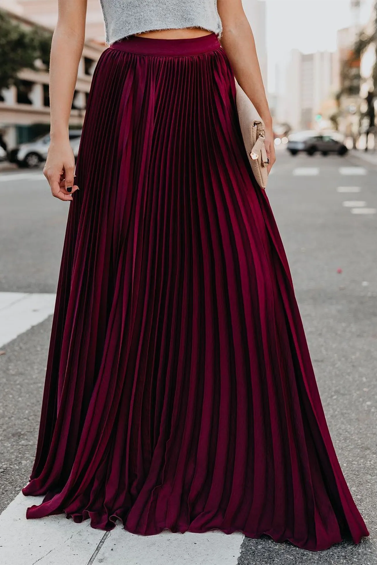 TastyHottie - Solid Color High Waist Pleated Maxi Skirt