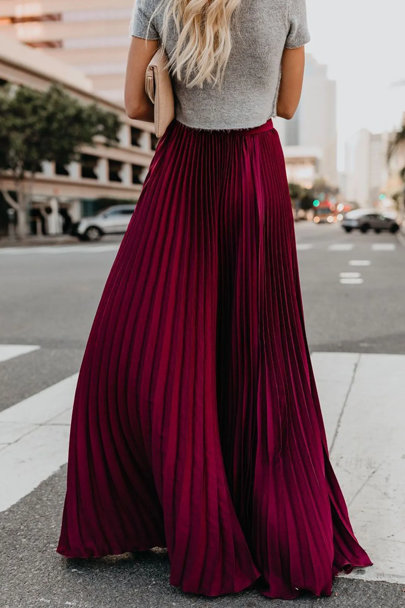 TastyHottie - Solid Color High Waist Pleated Maxi Skirt