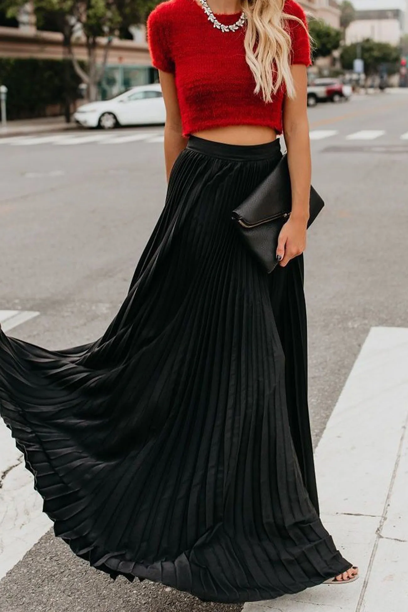 TastyHottie - Solid Color High Waist Pleated Maxi Skirt