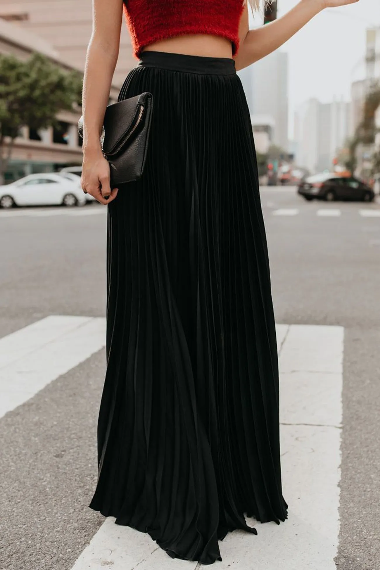 TastyHottie - Solid Color High Waist Pleated Maxi Skirt