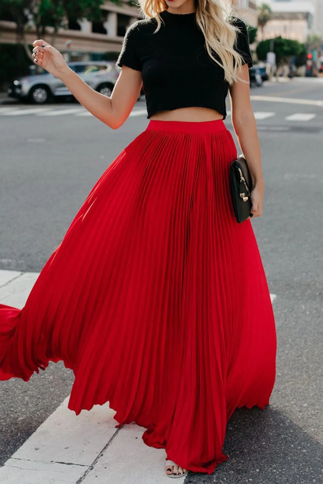 TastyHottie - Solid Color High Waist Pleated Maxi Skirt