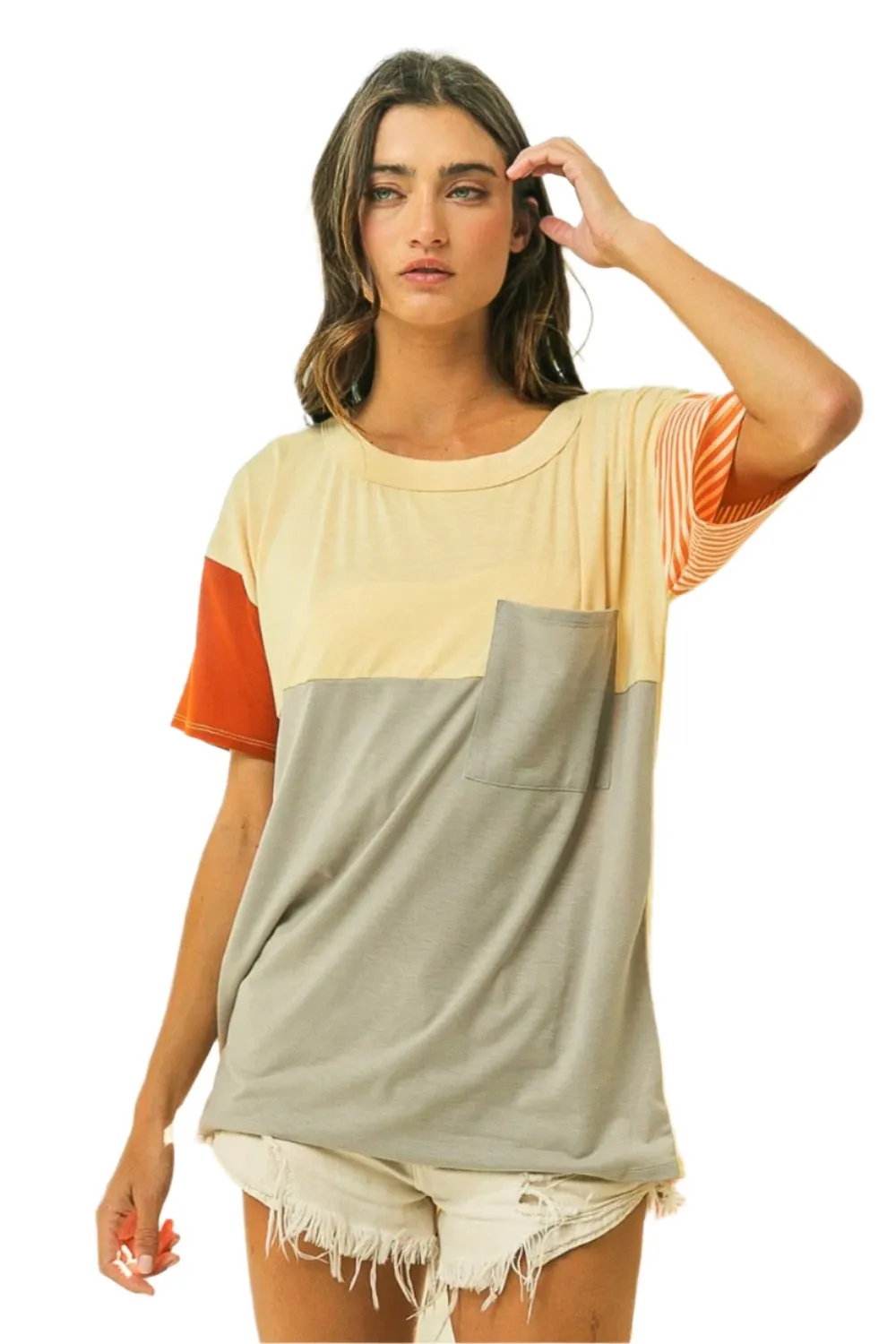 TEEK - Sand/Grey/Apricot Block Short Sleeve T-Shirt