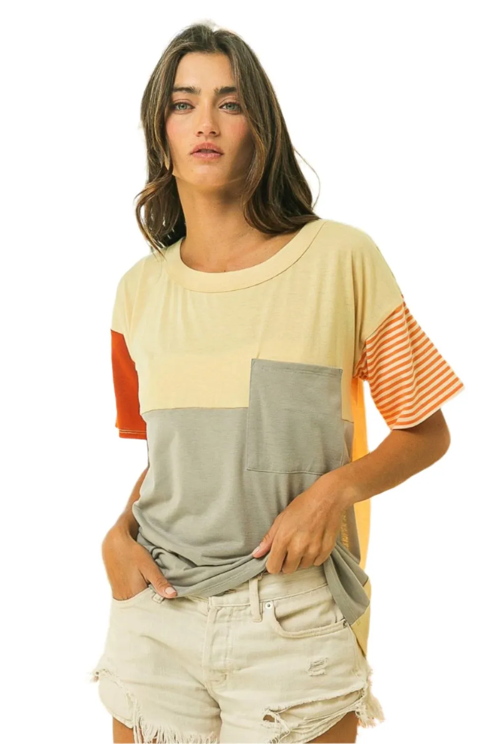 TEEK - Sand/Grey/Apricot Block Short Sleeve T-Shirt