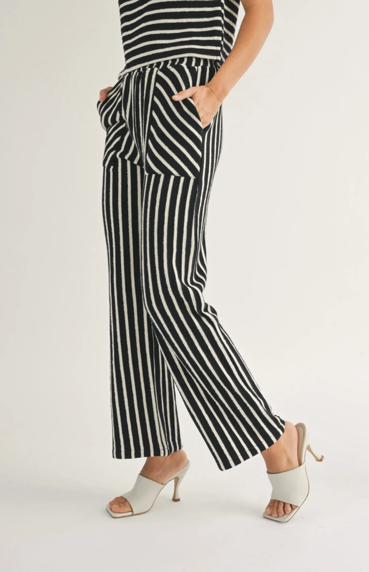 Textured Knit Black and White Stripe Knitted Pants