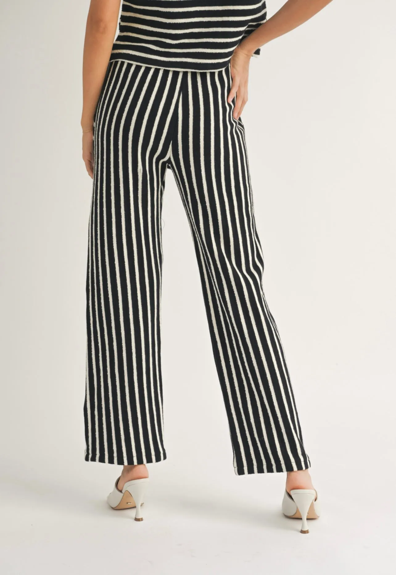 Textured Knit Black and White Stripe Knitted Pants