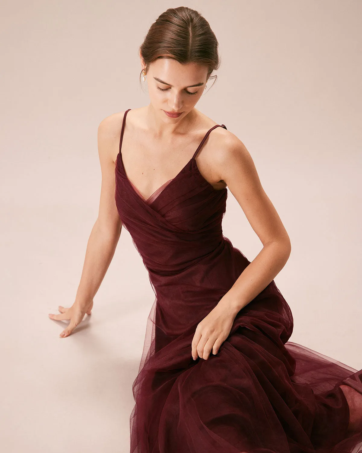 The Wine Red V Neck Mesh Wrap Maxi Dress