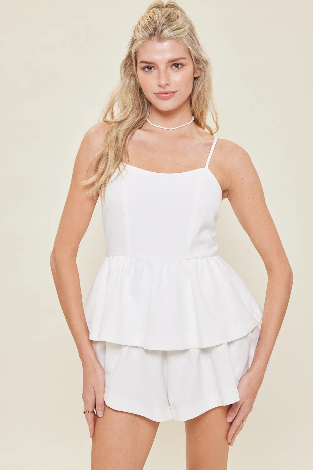 Tiered Ruffled Cocktail Romper, Off White