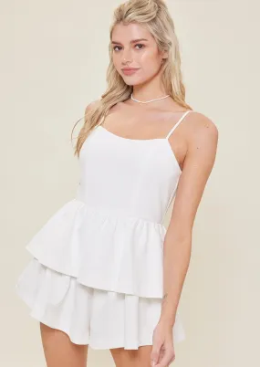 Tiered Ruffled Cocktail Romper, Off White