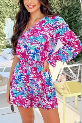 Tropical Leaf Print One-Shoulder Romper