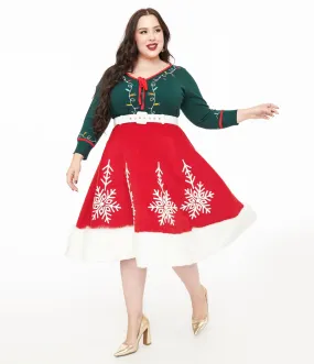 Unique Vintage Plus Size 1950s Red Felt & White Fur Snowflake Soda Shop Swing Skirt