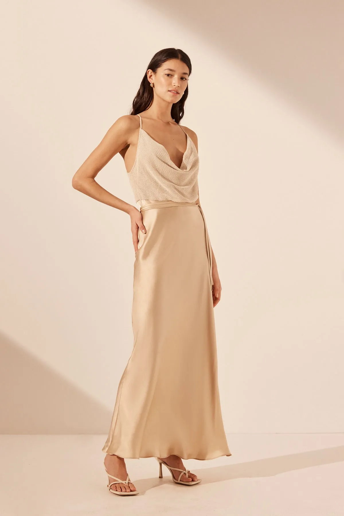 VALERIA SILK CONTRAST COWL NECK MAXI DRESS