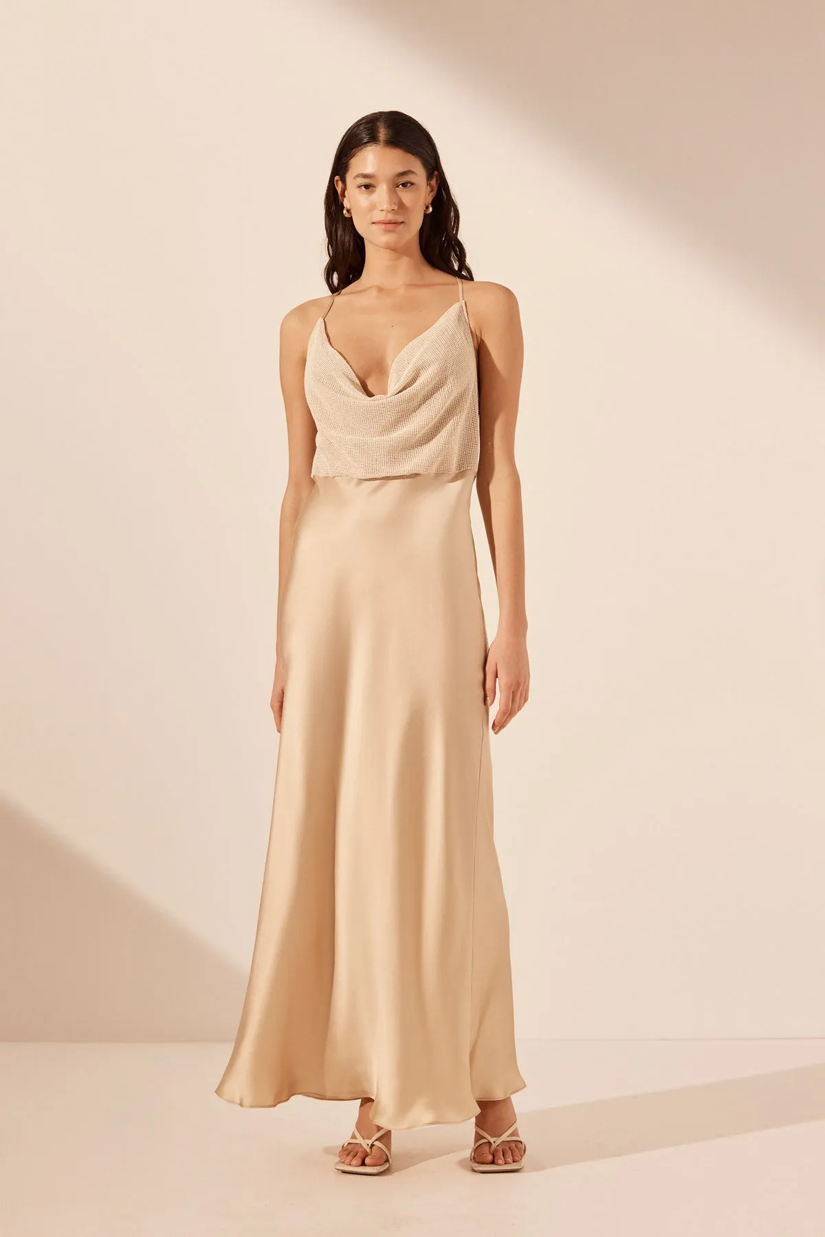 VALERIA SILK CONTRAST COWL NECK MAXI DRESS