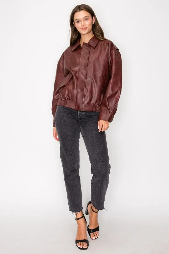 Washed Effect Faux Leather Oversized Bomber Jacket Burgundy