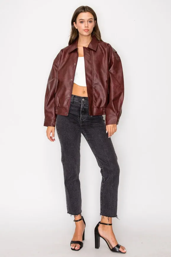 Washed Effect Faux Leather Oversized Bomber Jacket Burgundy