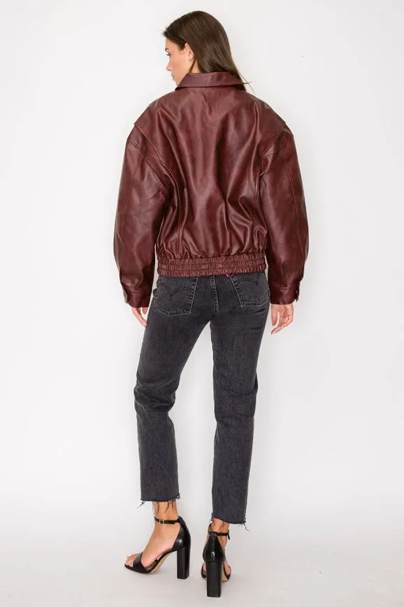 Washed Effect Faux Leather Oversized Bomber Jacket Burgundy