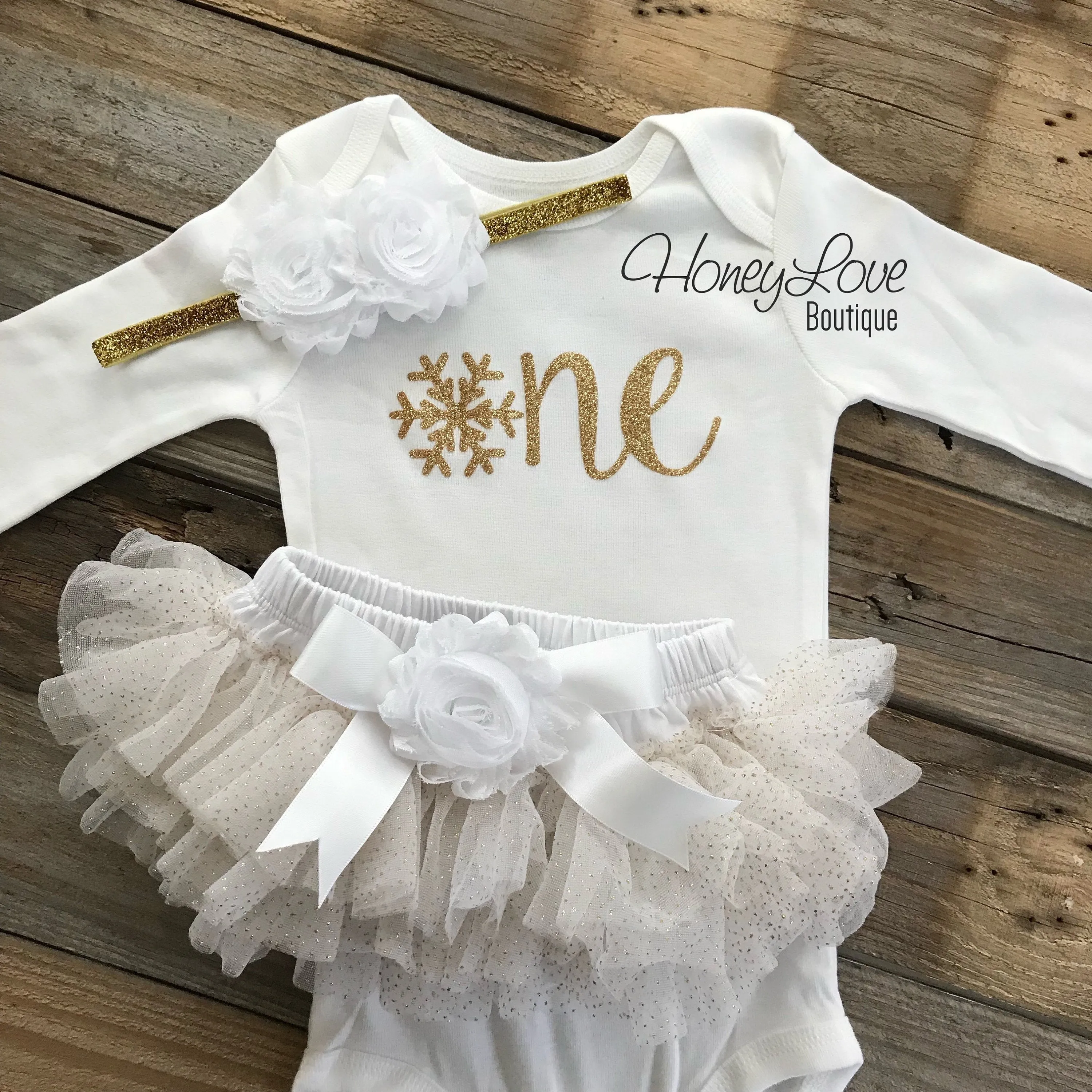 Winter ONEderland 1st Birthday outfit - White and Gold glitter