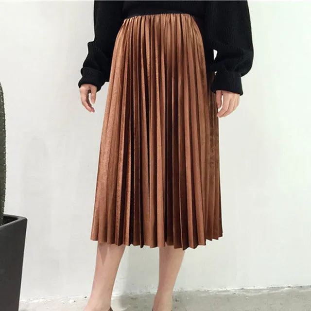 Women Long Metallic Silver Maxi Pleated Skirt Midi Skirt High Waist Elascity Casual Party Skirt