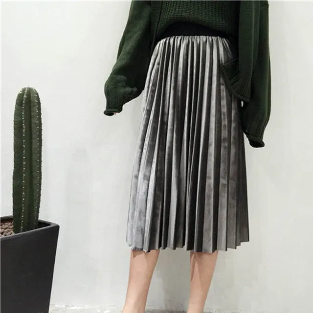 Women Long Metallic Silver Maxi Pleated Skirt Midi Skirt High Waist Elascity Casual Party Skirt