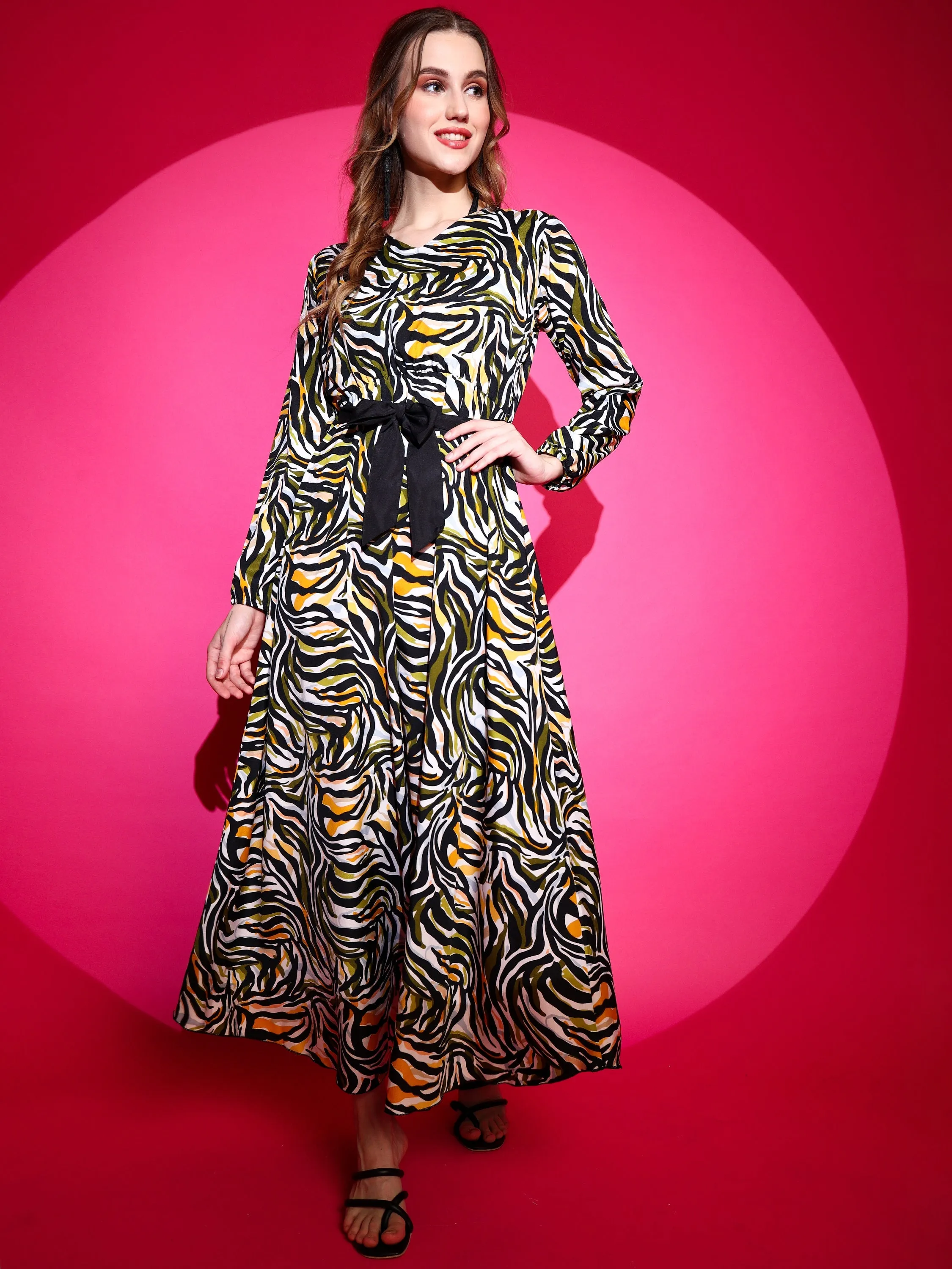 Women Zebra Printed Crepe Maxi V-neck Dress