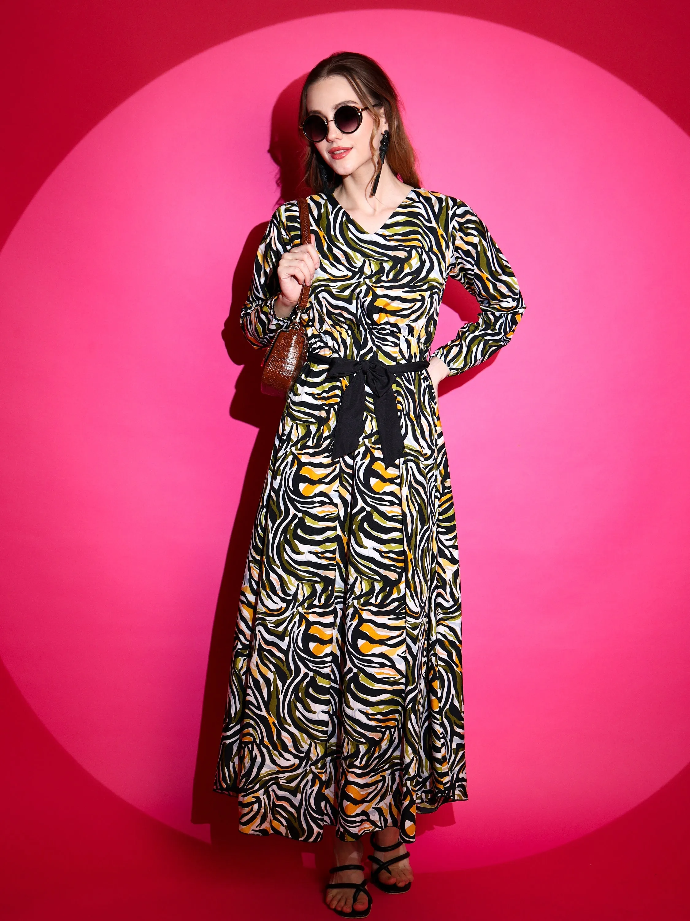 Women Zebra Printed Crepe Maxi V-neck Dress