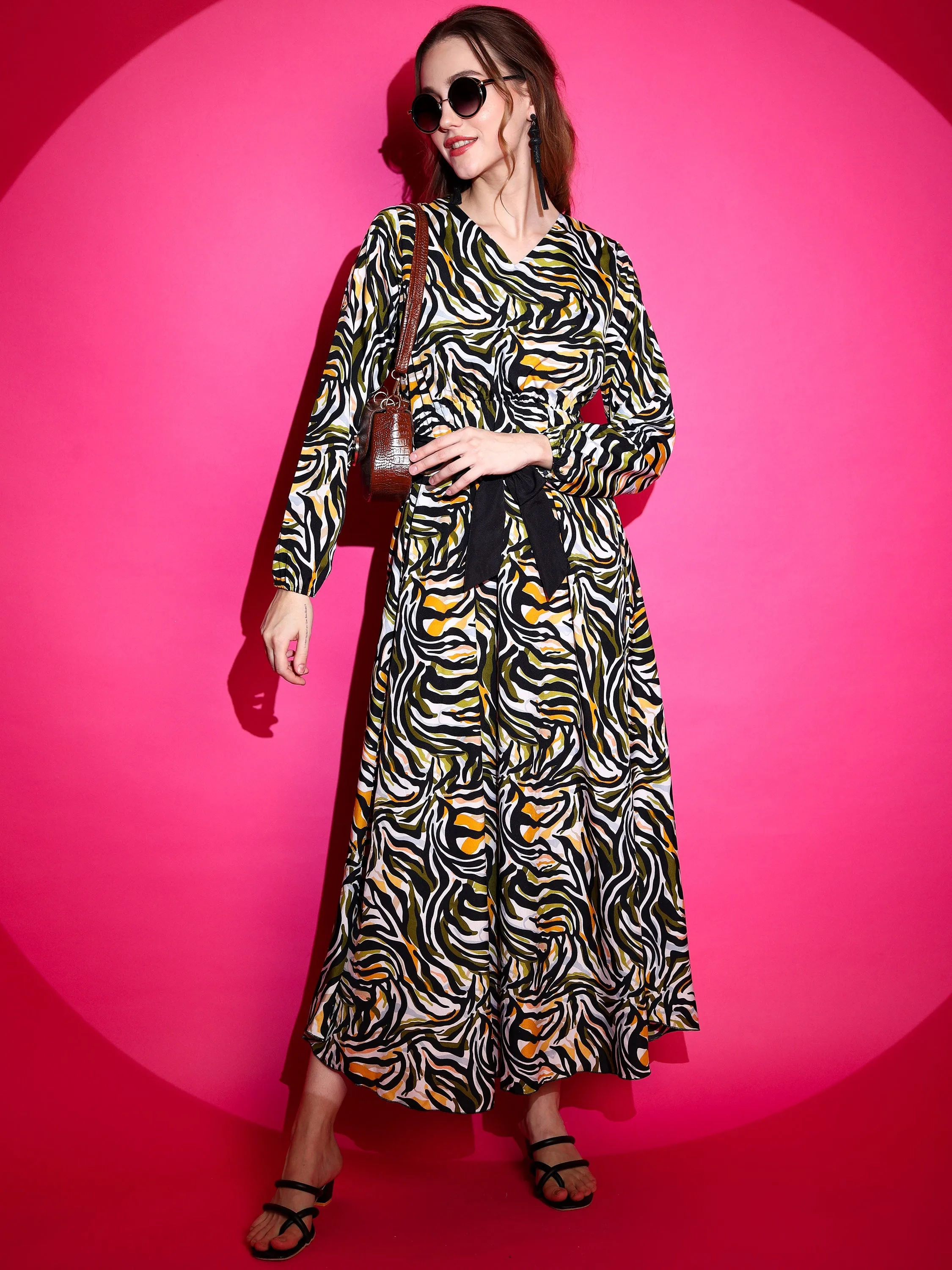 Women Zebra Printed Crepe Maxi V-neck Dress