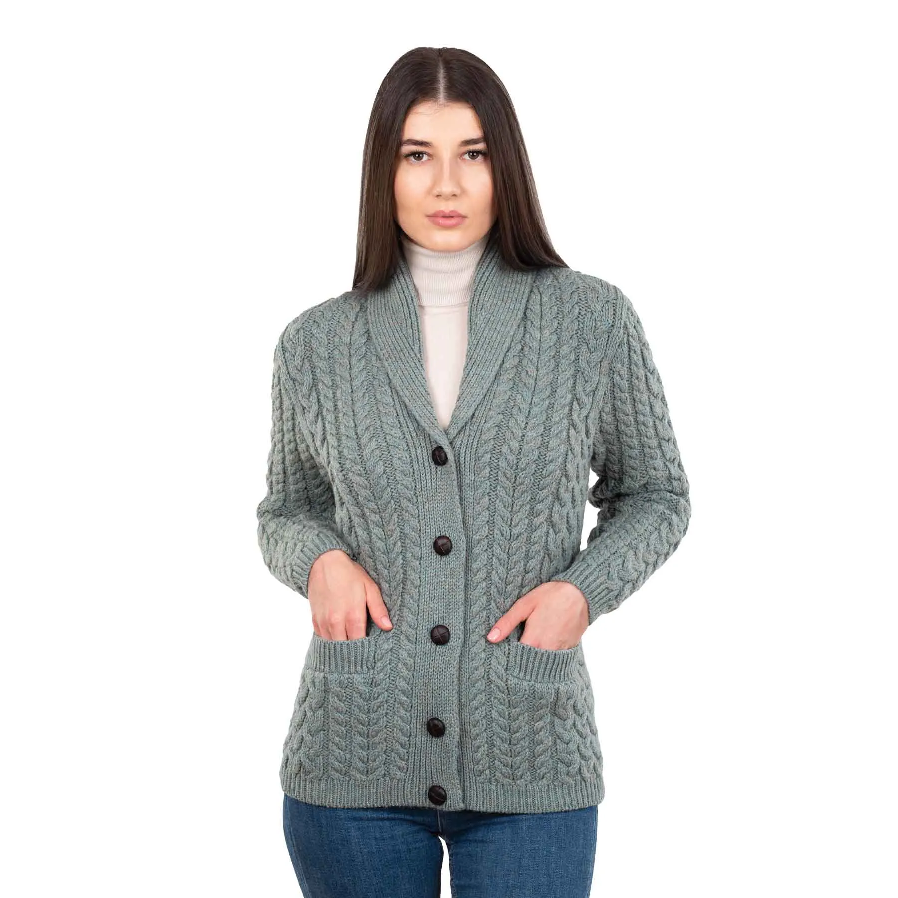 Women's Aran Knit Shawl Neck Cardigan, Skylight