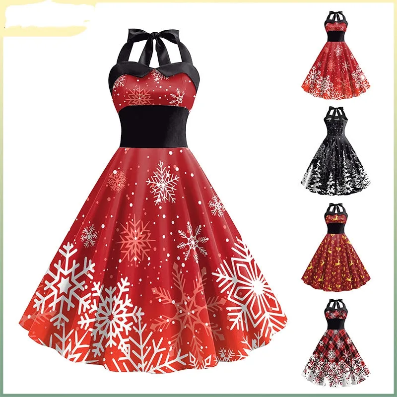 Women's Christmas Snowflake Print Strap High Waist Dress