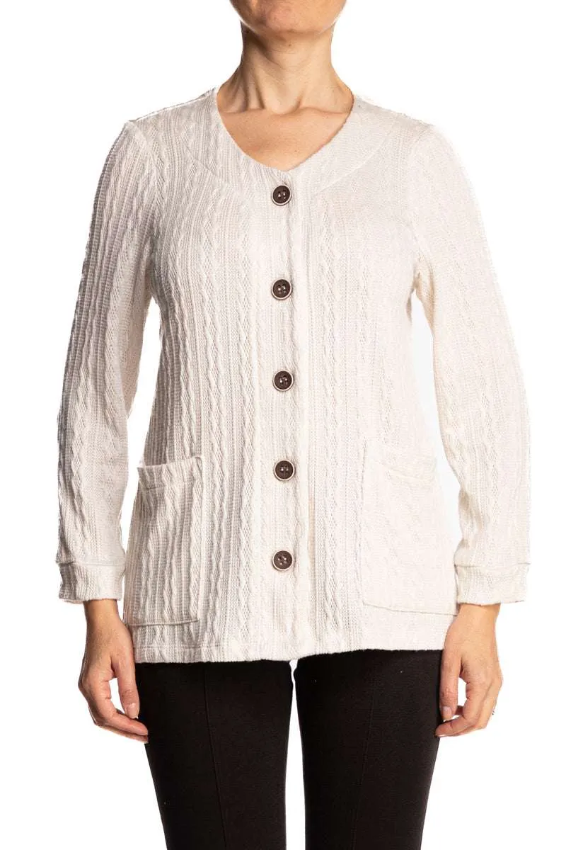 Women's Cotton Cardigan Ivory Cable Knit Button Front with Pockets Made in Canada