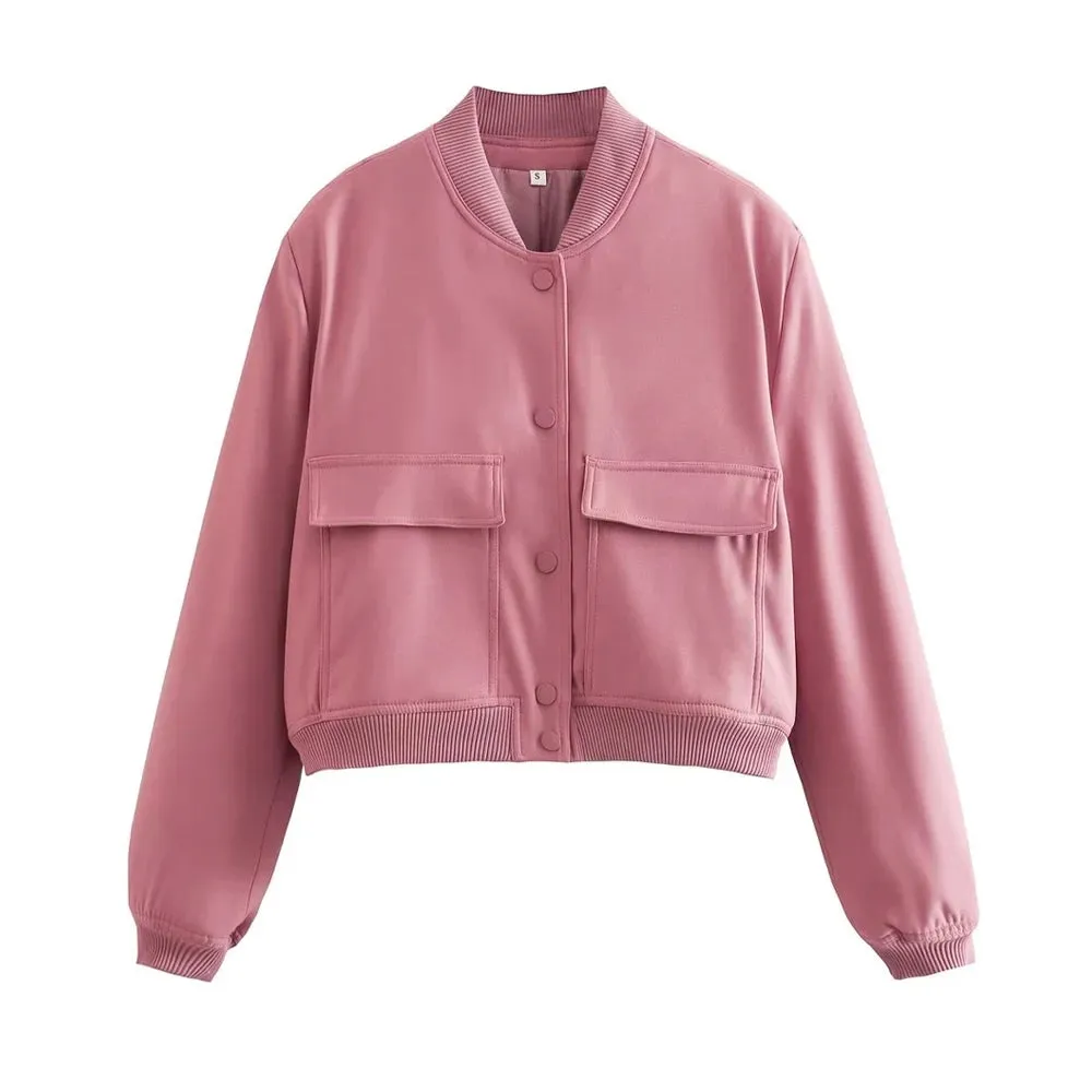 Women's Long Sleeve Front Button Bomber Jacket