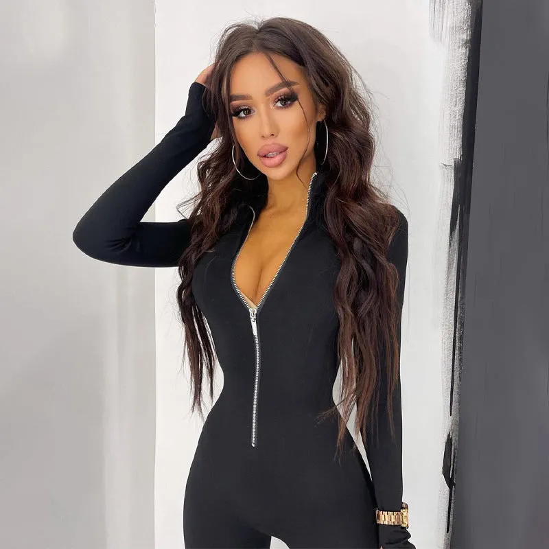 Women's Long-sleeved Sports Black Metal Zipper Turtleneck Jumpsuit