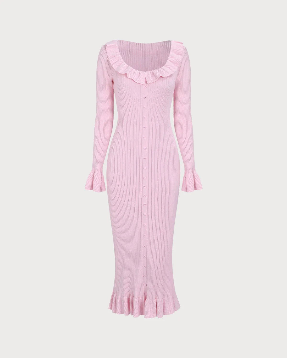 Women's Pink U-Neck Ruffle Bodycon Sweater Dress