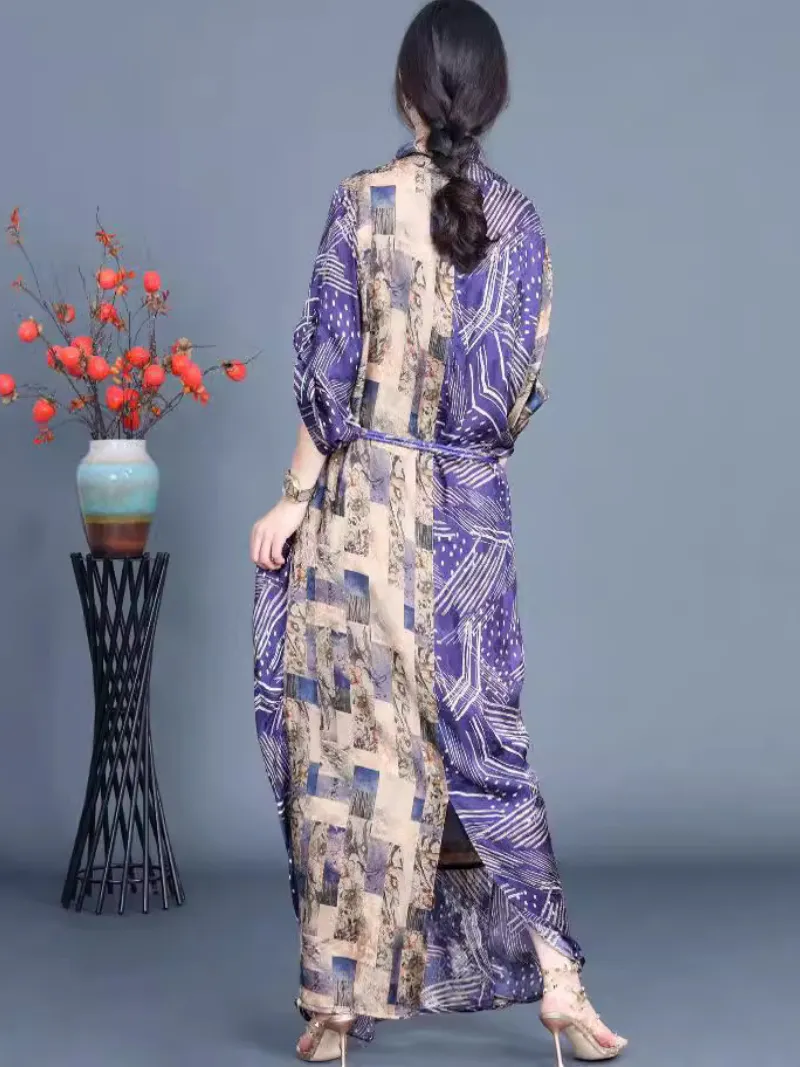 Women's Spring and Summer Belt Printed Long Maxi Dress