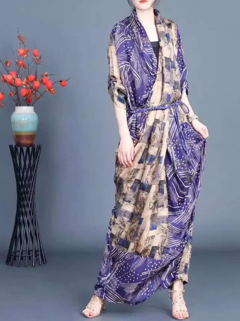 Women's Spring and Summer Belt Printed Long Maxi Dress