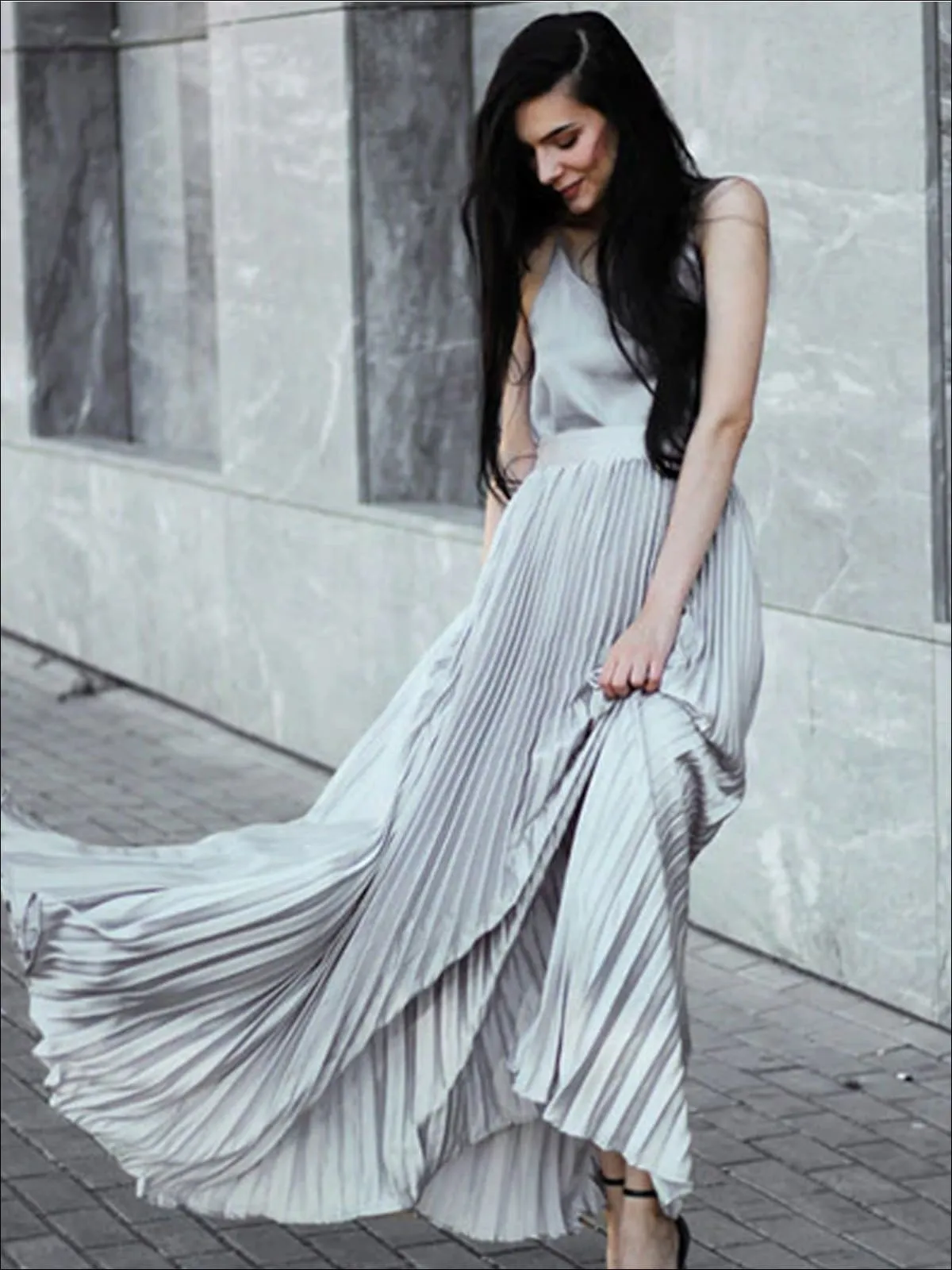 Women's Spring High Waist Pleated Maxi Skirt