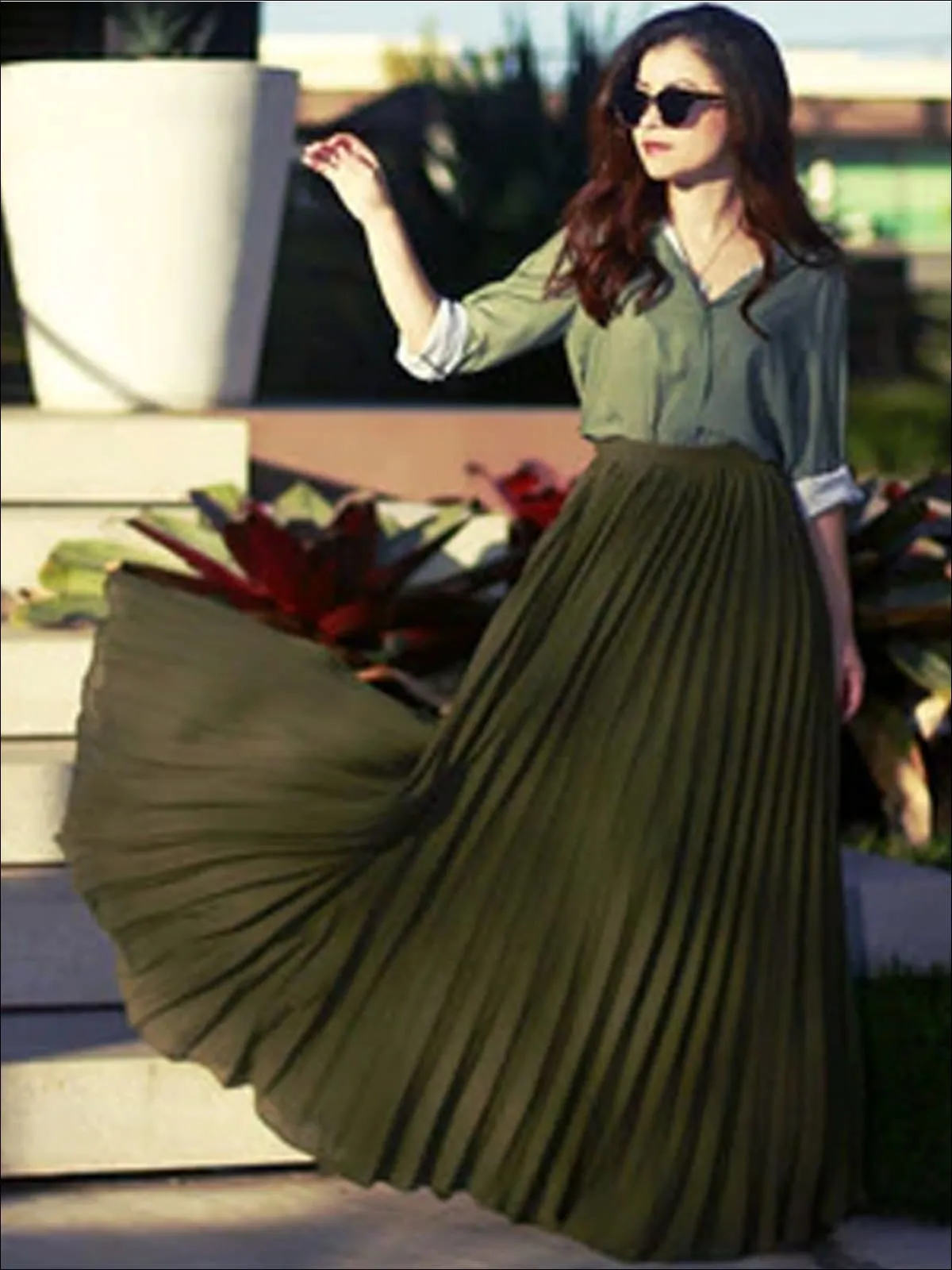 Women's Spring High Waist Pleated Maxi Skirt