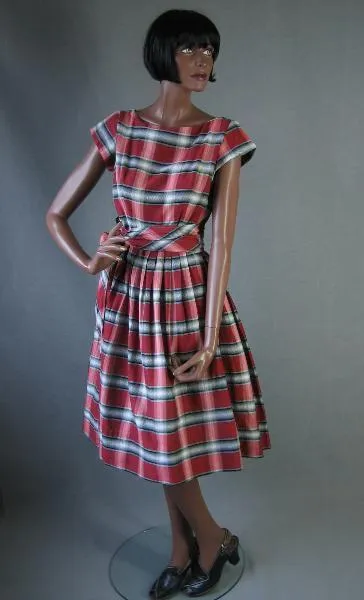 Women's Vintage 50s Day Dress Red Gray Plaid Cotton w Sash Small to Medium VFG