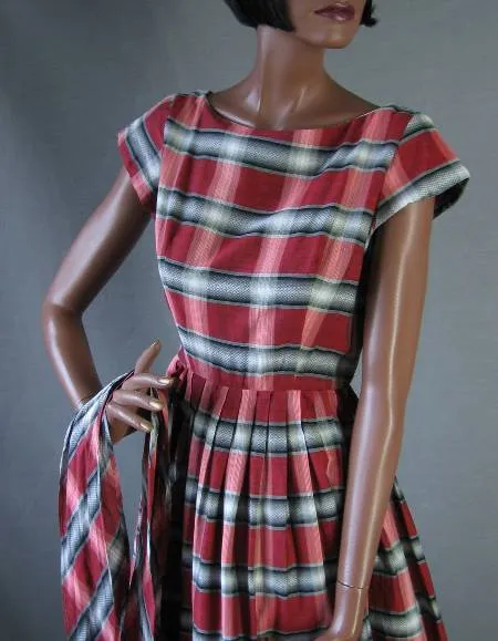 Women's Vintage 50s Day Dress Red Gray Plaid Cotton w Sash Small to Medium VFG